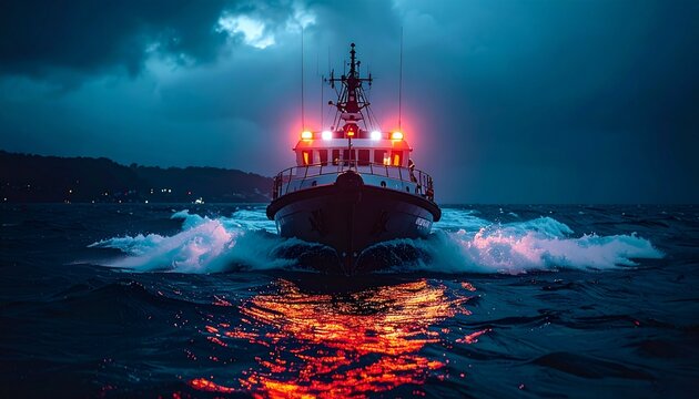 Rescue boat navigating rough seas at night with glowing lights