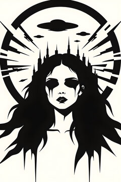 Gothic Woman With Cityscape Crown And UF Os dark black and white