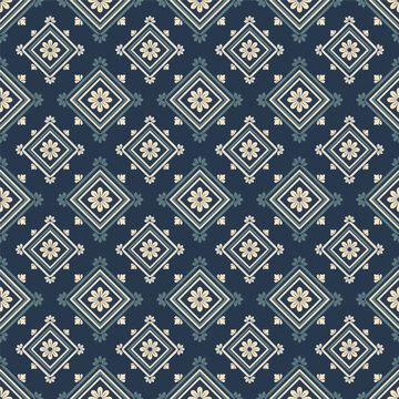 Seamless luxury geometric floral diamond pattern on navy blue background, traditional oriental textile ornament vector.eps