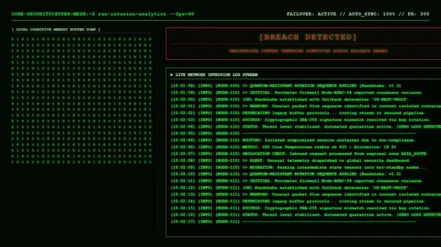 Core Security Hyper Mesh Terminal Displaying Local Cognitive Memory Buffer Binary Matrix and Live Network Intrusion Log Stream Breach Detected Warning.