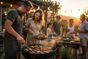 Fototapeta premium A multi-generational family enjoys a summer barbecue outdoors at sunset, with food grilling and people socializing.