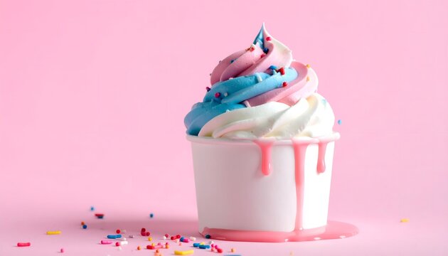 Helado cremoso multicolor en vaso blanco sobre fondo rosa pastel con virutas decorativas