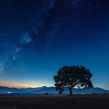 Lone Tree Under Starry Sky