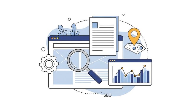 An illustration depicts various digital tools for SEO analysis on a web browser with a magnifying glass, graphs, and a map marker.