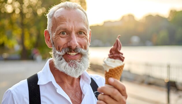 Hombre mayor sonriendo con un helado de chocolate junto al agua en un d&iacute;a soleado