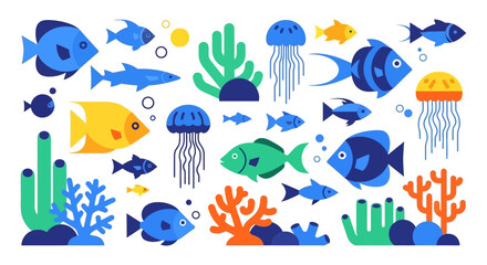Fototapeta premium Colorful underwater scene with various fish and marine life elements
