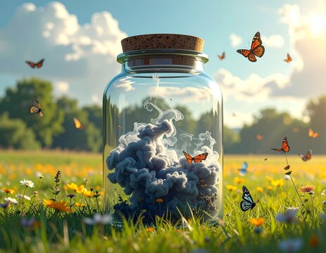 Smoke trapped in a glass jar with butterflies flying around in a field.