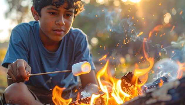 Ni&ntilde;o asando una nube de az&uacute;car junto a una hoguera al aire libre durante un campamento
