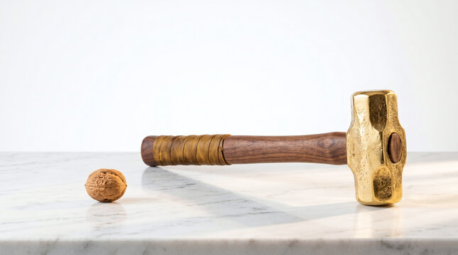 Heavy golden sledgehammer next to a small walnut