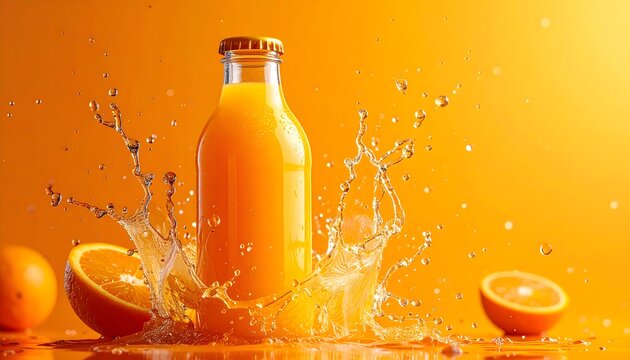Botella de zumo de naranja con salpicaduras y frutas sobre fondo amarillo intenso
