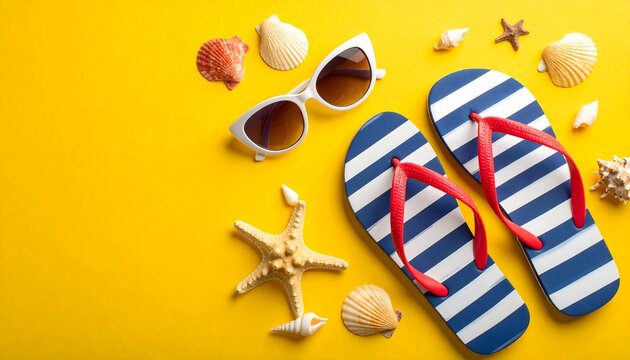 Chanclas, gafas de sol y conchas marinas sobre fondo amarillo con estilo veraniego