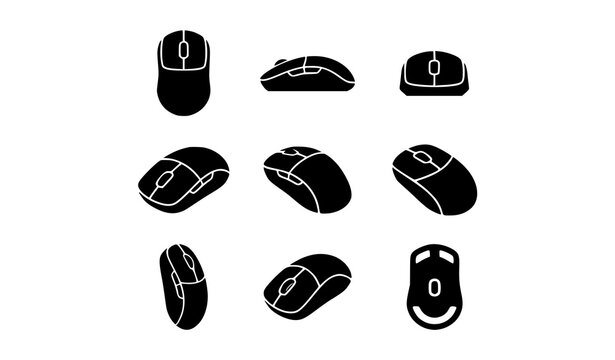 Minimal computer mouse silhouette icon set showing multiple angled views isolated on white background for UI design