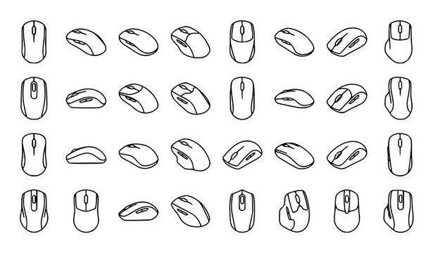 Isolated computer mouse outline vector pack with different perspective views for digital interface and software design