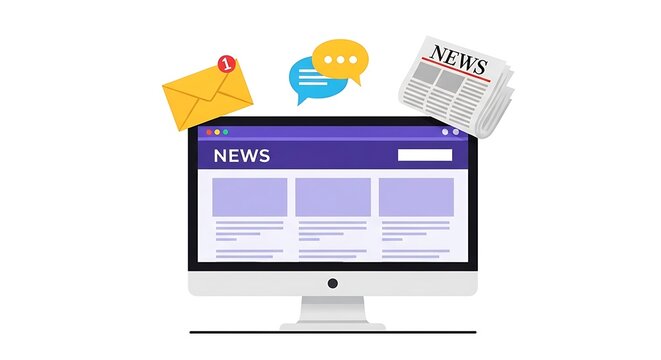 A computer monitor displays a news website with icons of email, chat bubbles, and newspaper floating above it on a desktop.