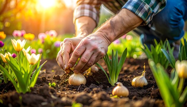 Manos plantando bulbos de flores en un jard&iacute;n soleado durante la primavera