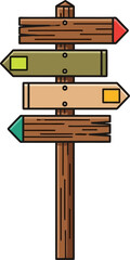 Wooden directional signpost with five different colored arrows pointing in various directions, ideal for travel or adventure themes © Lucu