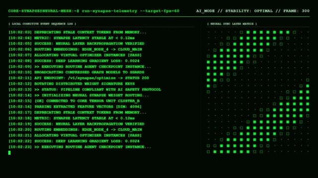 Neural Synapse Telemetry Screen Displaying Core Tensor Layer Matrix and Automated Machine Learning Backpropagation Weights Logs.