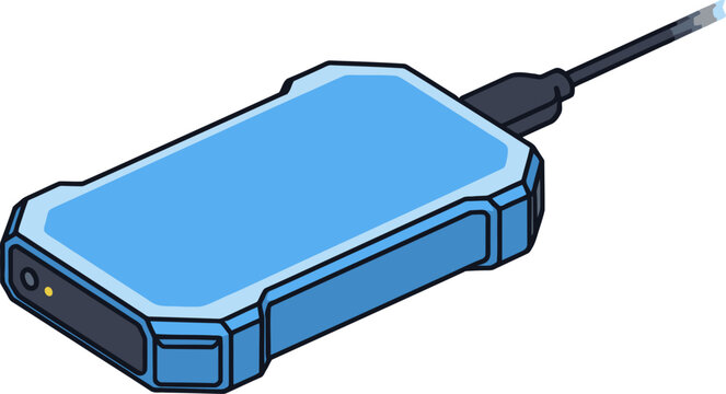 Illustration of a portable external hard drive device connected to a cable for data storage and transfer