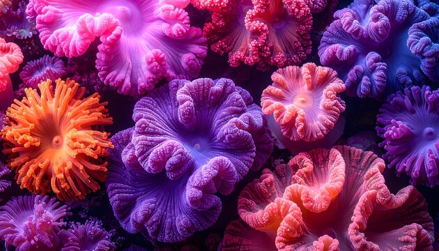 Textura abstracta de flores y formas org&aacute;nicas en tonos morados, rosas y naranjas