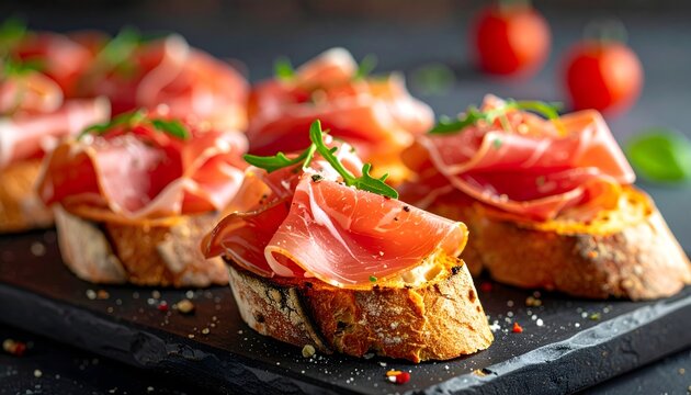Tostas con jam&oacute;n curado, tomate y hierbas frescas servidas sobre plato oscuro