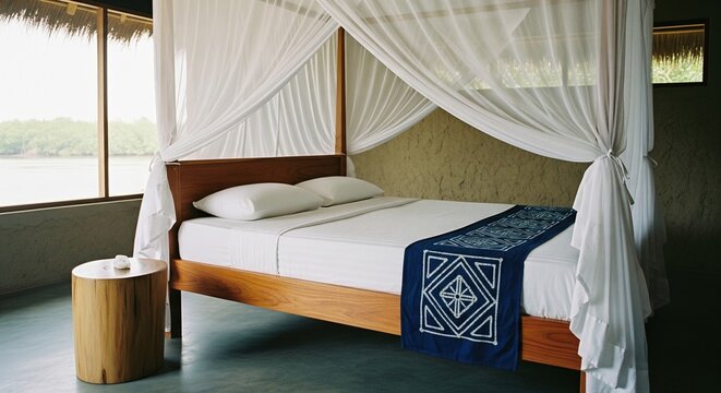 Tropical bedroom interior with wooden canopy bed and mosquito net near window with view