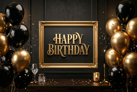 Happy birthday frame with gold and black balloons, candle, and wine glass on table.