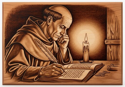 Pyrography art of medieval monk writing in ancient book with quill pen by candlelight