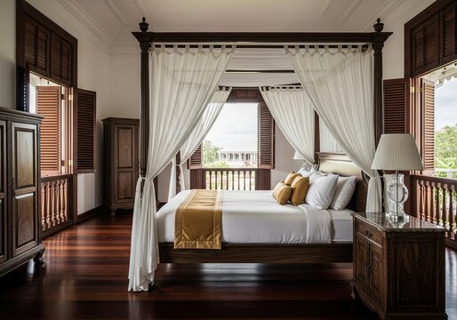 Classic colonial bedroom interior with wooden canopy bed and open shutters to balcony