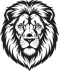 Fototapeta premium Black and white line of a fierce lion's head with a mane also transparent background, line animal