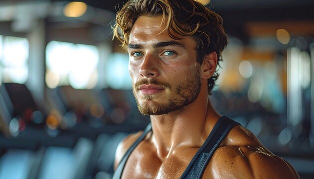 Retrato de hombre deportista en gimnasio con expresi&oacute;n seria, piel sudada y ambiente desenfocado de entrenamiento