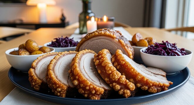 Traditional danish christmas pork roast flaeskesteg with caramelized potatoes and red cabbage