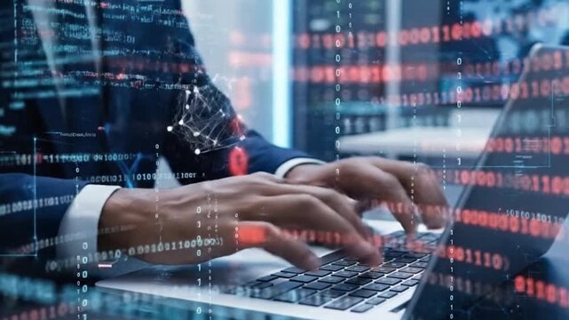 Close-up of a businessman hands typing on a laptop with holographic digital binary code and programming data overlay in a server room or office environment.