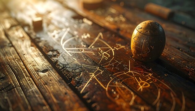 Huevo marr&oacute;n sobre mesa de madera con dibujos de tiza y luz c&aacute;lida en una composici&oacute;n r&uacute;stica y creativa