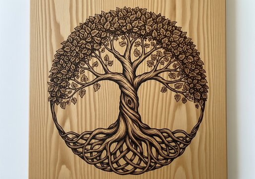 Pyrography wood burning art of celtic tree of life with roots and leaves in circle shape