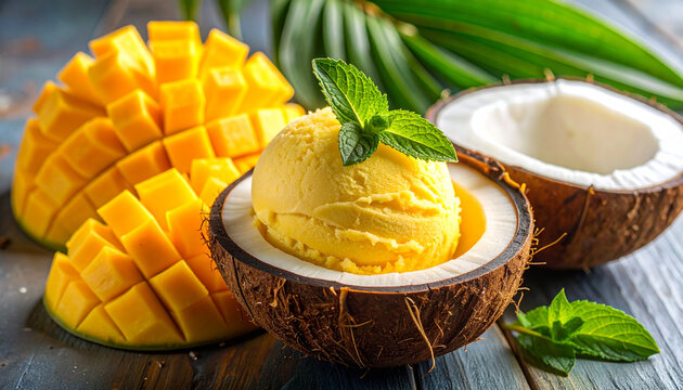 Mango sorbet in coconut shell