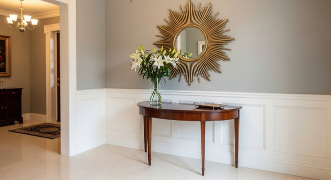Elegant entryway interior with a classic console table a sunburst mirror and a vase of lilies