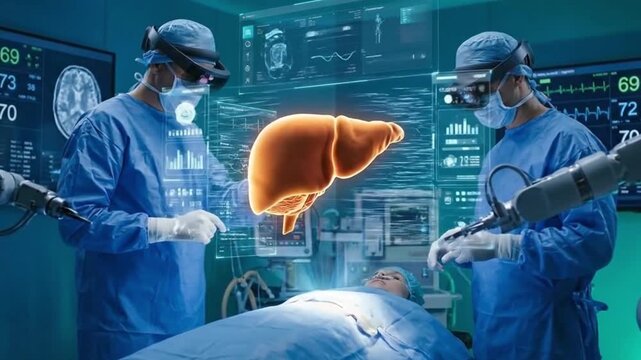 Advanced Surgeons Examine Patient Organ Using Augmented Reality Holographic Headsets and Interactive Virtual Interface with Digital Liver Visualization Technology