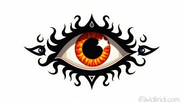 Mystical evil eye illustration with fiery orange iris, gothic occult eye symbol with black tribal lashes, esoteric spiritual talisman on white background