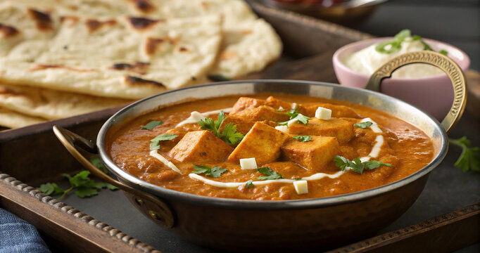 Indian paneer makhani or shahi paneer curry served hot with butter naan bread in a rustic tray. Paneer butter masala with cottage cheese cubes in thick spicy gravy with tandoori naan flatbread