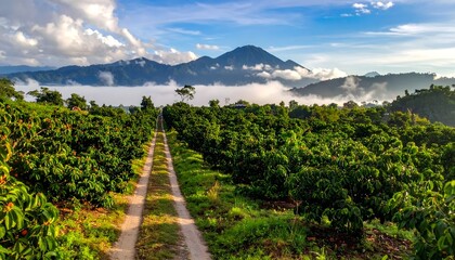 Naklejka premium Scenic dirt road leading through lush mangosteen orchard under misty mountain clouds