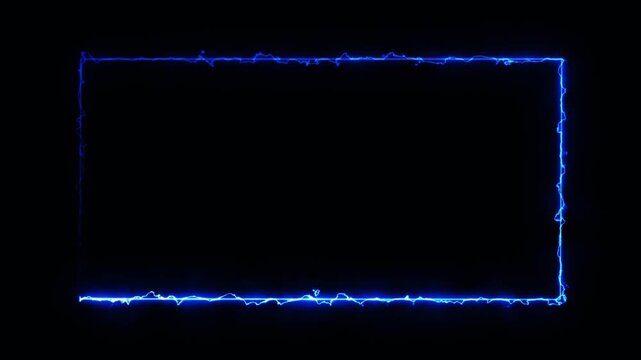 Glowing neon rectangle frame with electric energy motion on a black background, abstract futuristic animation, vibrant blue light border loop.