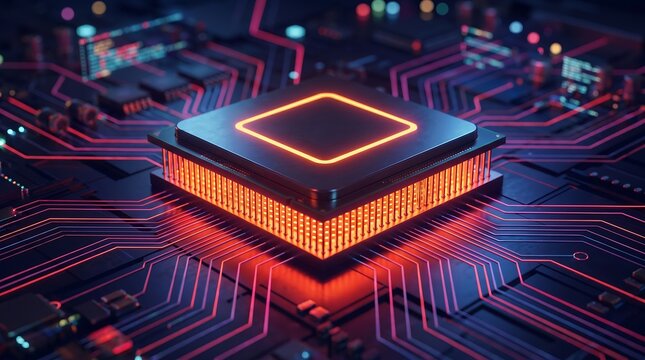 Central processing unit with glowing orange circuitry on dark motherboard background representing advanced futuristic computing technology and high speed data transmission in modern digital systems