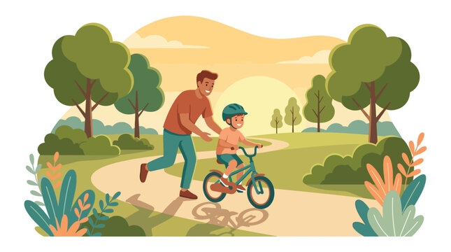 Flat 2D vector illustration of a smiling father teaching his young son to ride a bicycle on a winding park path during sunset, featuring lush green trees and warm natural scenery.