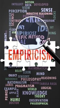 Empiricism under magnifying glass, being researched, studied and examined. Most important subjects and ideas related to empiricism written around a puzzle to symbolize complexity of empiricism.