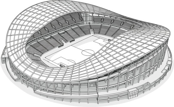 Modern football stadium wireframe outline sketch architecture concept design aerial perspective view isolated graphic vector