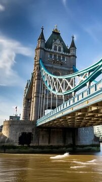 Tower Bridge in London, UK, United Kingdom. Time lapse in vertical video