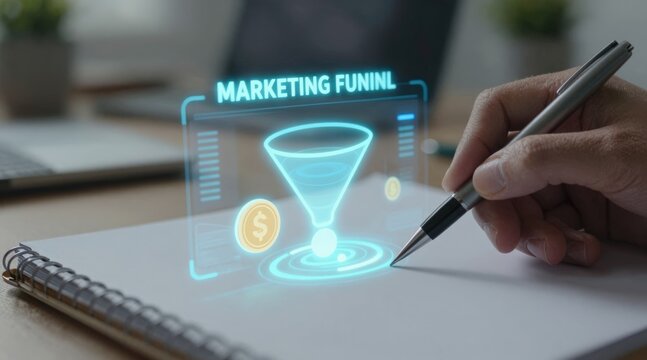 Content creator hand writing on notebook with digital content strategy hologram, creative social media marketing planning concept and online business editorial innovation in home office.