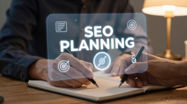 Content creator hand writing on notebook with digital content strategy hologram, creative social media marketing planning concept and online business editorial innovation in home office.
