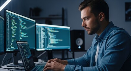 Obraz premium Young male developer intensely coding, focused on complex blue screens in a dark Surreal Silliness Concept Design