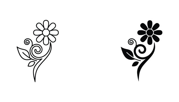Daisy flower with decorative scrolls icon set in outline and solid black vector graphic style